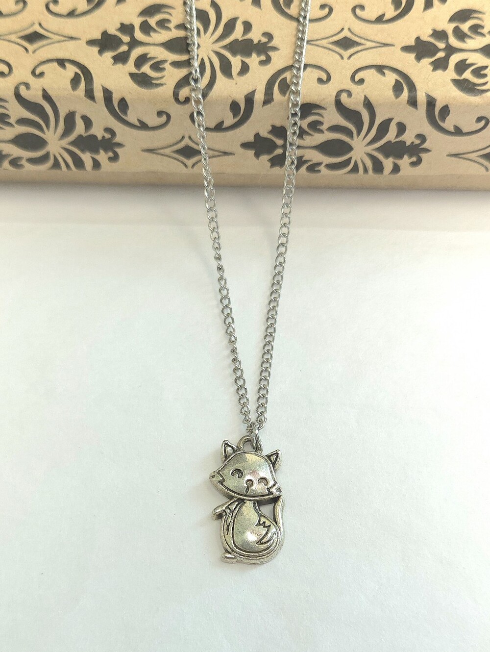 Silver Tone Playful Cat Kitten Pendant Necklace 18" Long